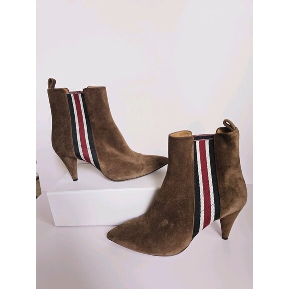 Veronica Beard Flynn Brown Suede Leather Stripe Cone Heel Boots Booties 38 7 - Picture 11 of 11